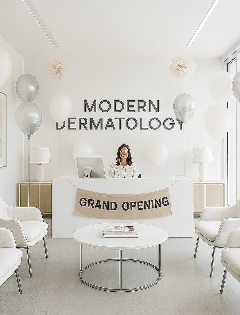 image of a dermatology office's waiting room filled with balloons and a sign that says 'grand opening'